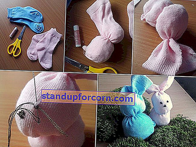 Håndlagde påskepynt - en kanin laget av en babystrømpe